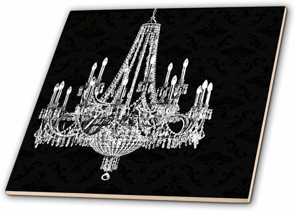 3dRose White Chandelier with Black Damask 8 Inch Ceramic Tile