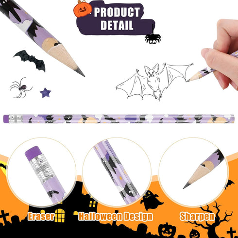 CCINEE 48 Pack Halloween Pencils for Kids, Assorted Design Bulk Pencils with Erasers for Halloween Party Supplies