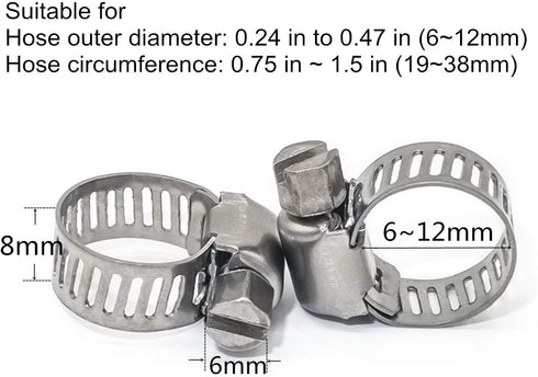 Adjustable Stainless Steel Worm Gear Hose Clamps, 6-12mm