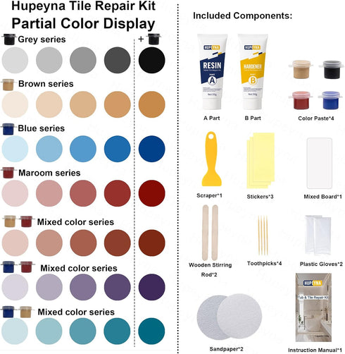 Tub, Tile and Shower Repair Kit (Color Match), Hupeyna Porcelain Repair Kit, Bathtub Repair Kit for Chips Dents Cracks Holes Scratchs, etc. Fiberglass Repair Kit - Offer More Color Options by Hupeyna