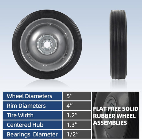 (2-Pack) AR-PRO 5” x 1.5” Flat Free Solid Rubber Wheel Assemblies - Replacement Hand Truck Wheels with Ball Bearings and 1/2” Bore Hole Diameter - Heavy-Duty Solid Rubber Wheels 88 lbs Load Capacity by AR-PRO
