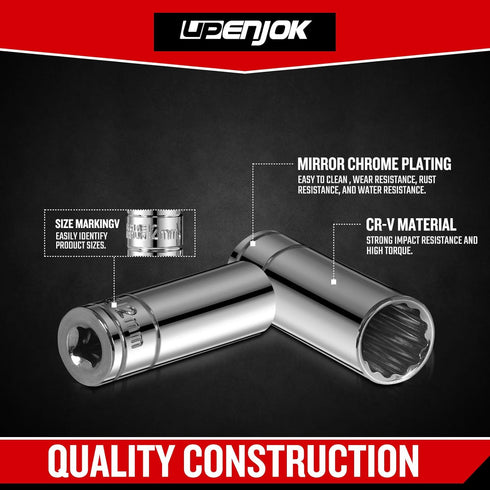 1/4 Inch Drive 12-Point Metric Socket Set, 8-Piece Deep Well CR-V Steel Tool Set, Sizes 6mm to 13mm