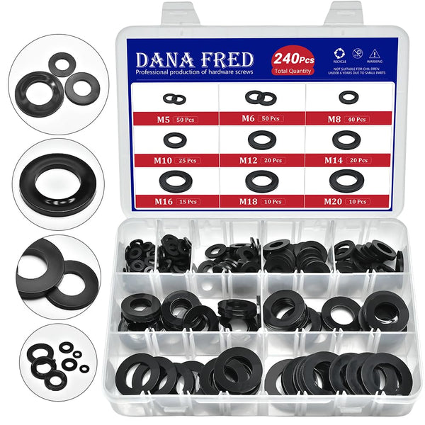 240pcs Nylon Large Flat Round Washer Spacer, 9 Sizes Black Flat Washers Assortment Kit for Screw Hardware Tool