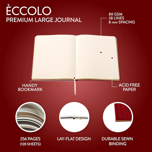 Eccolo Large Lined Journal Notebook, Flexible Cover, 256 Ruled Ivory Pages, Desk Size for Work or School (Burgundy)