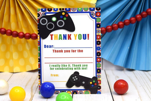 Game On Video Gamer Themed Thank You Notes for Kids - Ten 4" x 5.5" Fill in the Blank Cards with 10 White Envelopes
