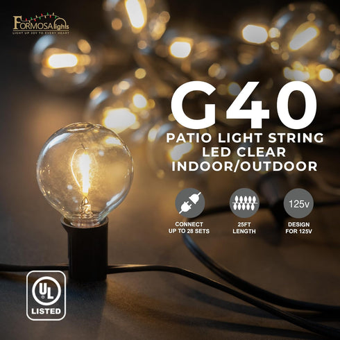 26ft G40 Bulbs, 25 Bulbs, Formosa Clear Incandescent Christmas String Light, Outdoor Shatterproof Patio Light