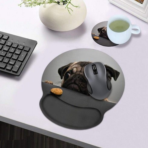 Ergonomic Mouse Pad with Cute Pug Wrist Support, Large Non-Slip PU Base for Home Office Gaming