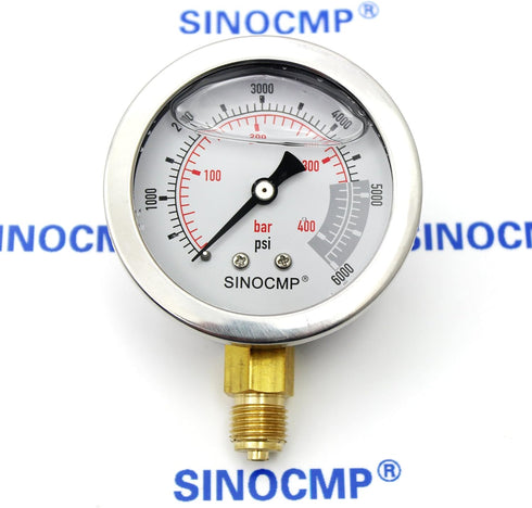 SINOCMP 40Mpa/0-400bar/0-6000PSI Economical Multi Purpose Double Scale Stainless Steel Glycerin Filled Hydraulic Pressure Gauge