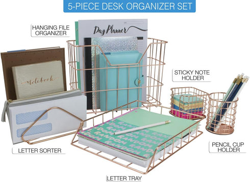 Sorbus 5-Piece Desk Organizer Set, Rose Gold Accessories Includes Pencil Cup Holder, Letter Sorter, and More for Home