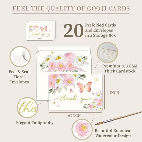 4x6 20-Pack) Gooji Butterfly Pink Floral Thank You Cards with Envelopes (Bulk Matching Peel-and-Seal Envelopes