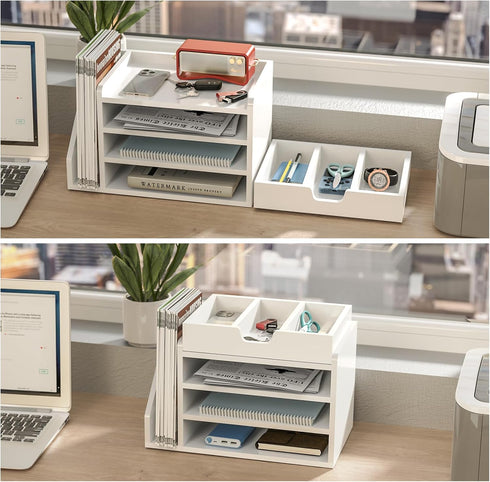 Multi-Tier Wood Desk File Organizer with Side File Rack, 3 Tray Shelves & Adjustable Drawer for Office Setup