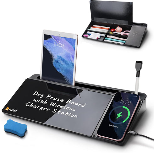 SELEAD Desktop Glass Whiteboard with Wireless Charger Station, Dry Erase Board Computer Pad with Organizer for Home