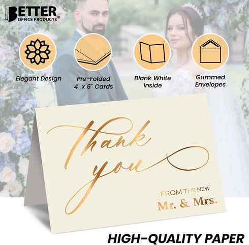 50 Pack 4 6 Inch, 50 Count Set Better Office Products Wedding Thank You Cards in Metallic Gold with Envelopes, Thank