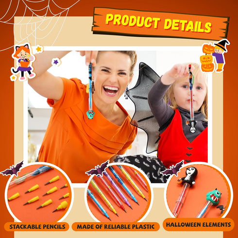 Qilery 24 Pcs Halloween Pencils Bulk, Stackable Pencils with Top Eraser for Kids Halloween Party Supplies