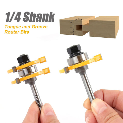2PCS Tongue and Groove Set - 1/4 Inch Shank Router Bit Set, 3 Teeth Adjustable T Shape Wood Milling Cutter