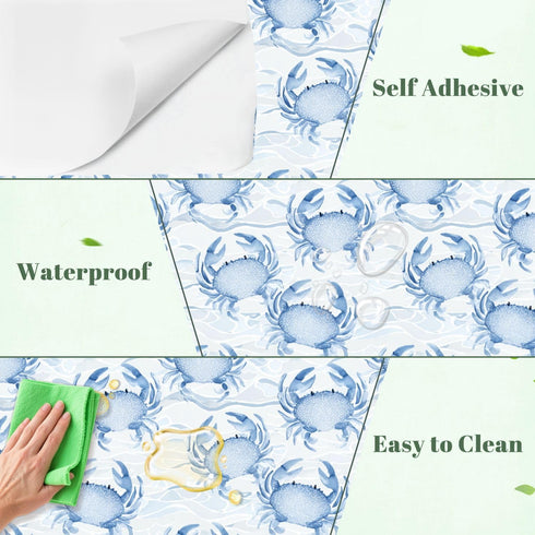 Kanworse 24"x118" Peel and Stick Wallpaper Blue Crab Watercolor Soft Waves Delicate Details Contact Paper Removable