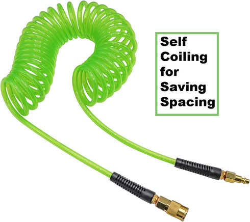 YOTOO Polyurethane Recoil Air Hose 1/4" Inner Diameter by 25' Long with Bend Restrictor and Quick Coupler