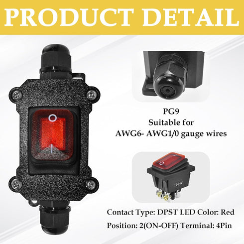 Inline Cord Switch, DC 12V 30A DPST Outdoor Electrical Start Stop Toggle Switch, IP67 Waterproof, 4Pin 2 Position