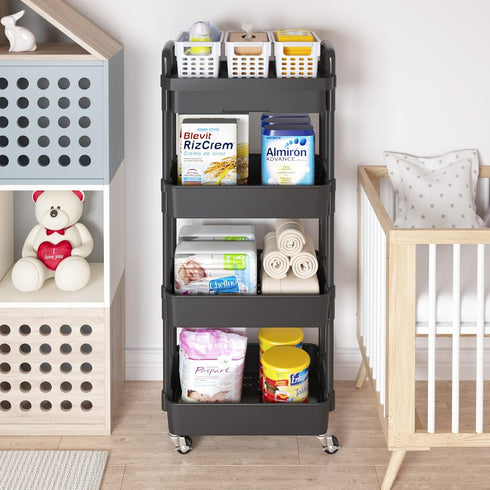 Calmootey 4-Tier Rolling Utility Cart with Drawer, Multifunctional Storage Organizer for Kitchen, Bathroom, Living