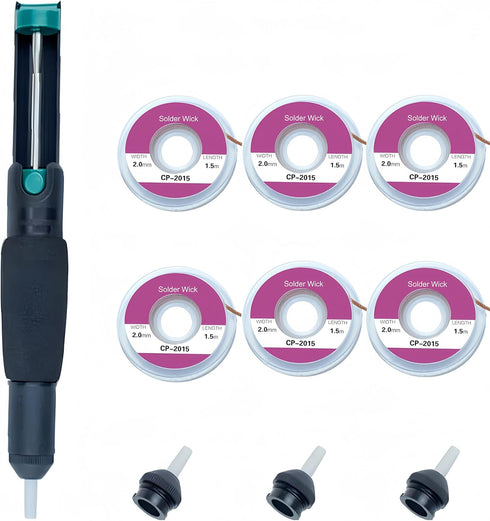 Solder Sucker Tool and 6PCS Solder Wicks, 3PCS Pewter Nozzle No-Clean Soldering Wick Wire Roll