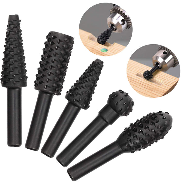 OIIKI 5 PCS Woodworking Twist Drill Bits, Wood Carving File Rasp Drill Bit with 1/4" Shank Tool Rasp Chisel
