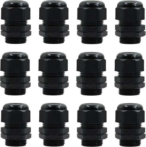 12 Pcs 3/4" Black NPT Cable Glands, IP68 Waterproof Connectors for Electrical Box, Nylon Cord Grip