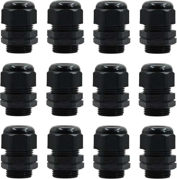 12 Pcs 3/4" Black NPT Cable Glands, IP68 Waterproof Connectors for Electrical Box, Nylon Cord Grip