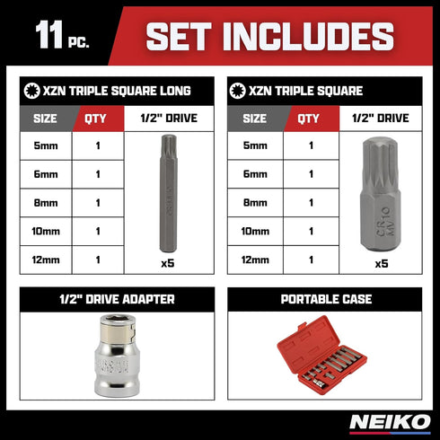 10078A Set 11 12 NEIKO XZN Triple Square Spline Bit Socket | Piece Long and Short | Point | CrV Steel