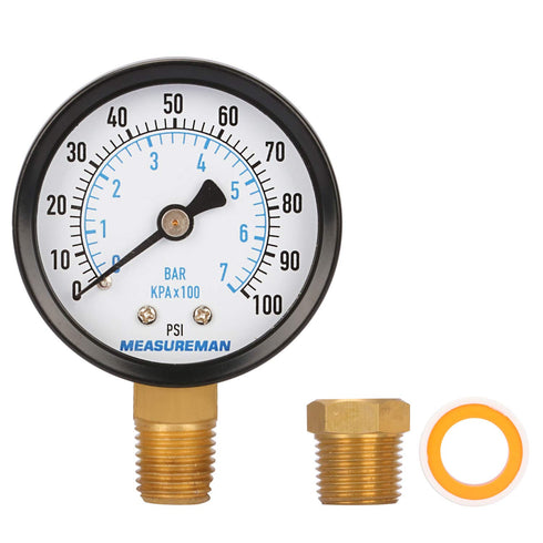 Measureman 2" Well Pump Pressure Gauge, 0-100psi/bar, 1/4" NPT Male with 1/2" NPT Adaptor