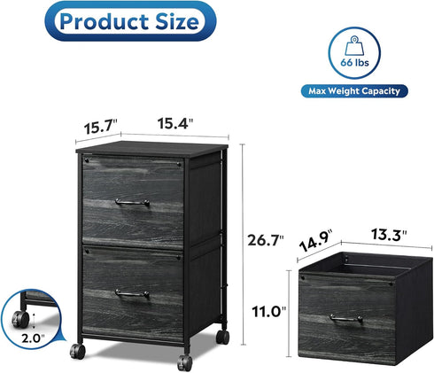DEVAISE 2 Drawer Mobile File Cabinet, Rolling Printer Stand, Charcoal Black Wood Grain Print