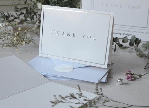 T&M Quality Designs LLC 100 Thank you cards with envelopes and stickers, Silver Foil Stamping