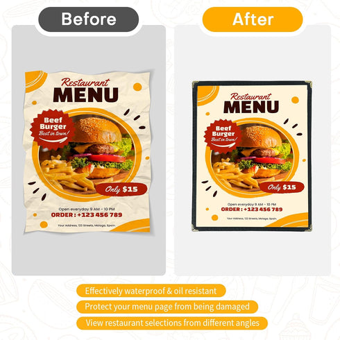 FLK Tech 10 Pack 1 2 8.5 11 Inch FLKQC Page Menu Covers, View x Clear PVC Menu Holder, Double Stitched Restaurant Menu