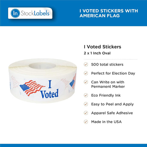 I Voted Stickers with American Flag, 2 x 1 Inches, 500 Adhesive Labels for Voter Locations and Polling Stations
