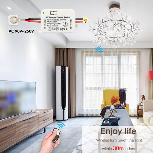 DieseRC AC 110V 120V 220V 240V Wireless Remote Control Light Switch 1500W 1 Channel 433Mhz RF Relay Receiver with 2 Transmitters Keyfob for Lamp bulb, easy to install