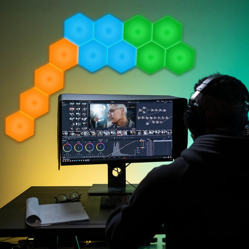 13 (6-Pack) Vcwtty Hexagon Lights, Smart LED Wall Lights with Remote, Colors Touch-Sensitive DIY Modular Assembled RGB