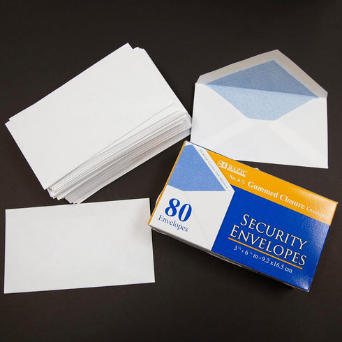 BAZIC #6 3/4 Security Envelopes with Gummed Closure, 80 Pack for Mailing and Organizing