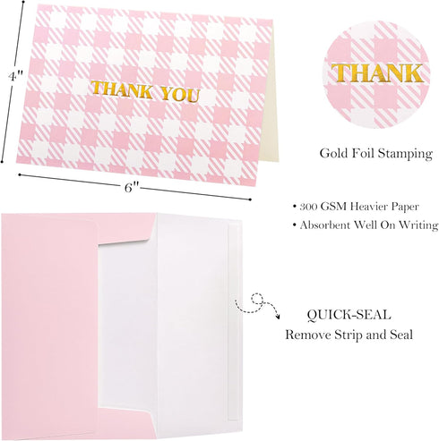 50 Pack Crisky Pink Thank You Cards with Envelopes, Lattice Polka Dot Thank You Cards Bulk for Baby Shower, Birthday