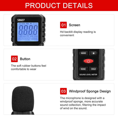 S8607 Digital Sound Level Meter, Portable Decibel Meter with LCD Display Backlight, 30dB to 130dB
