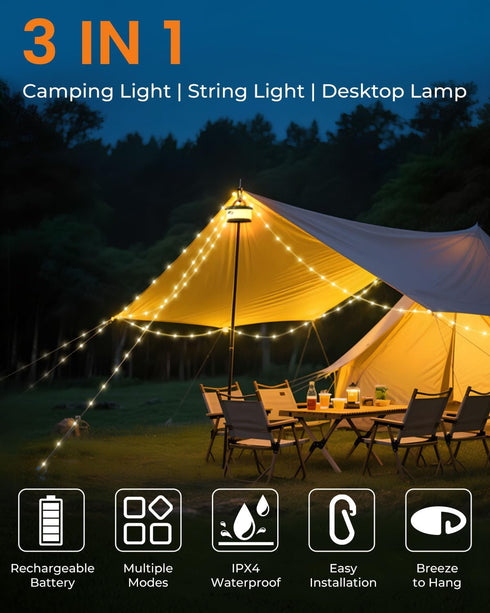 32.8ft Camping String Lights, Retractable RGB Flash Lamp, Rechargeable LED Fairy Lights Outdoor Waterproof, Portable