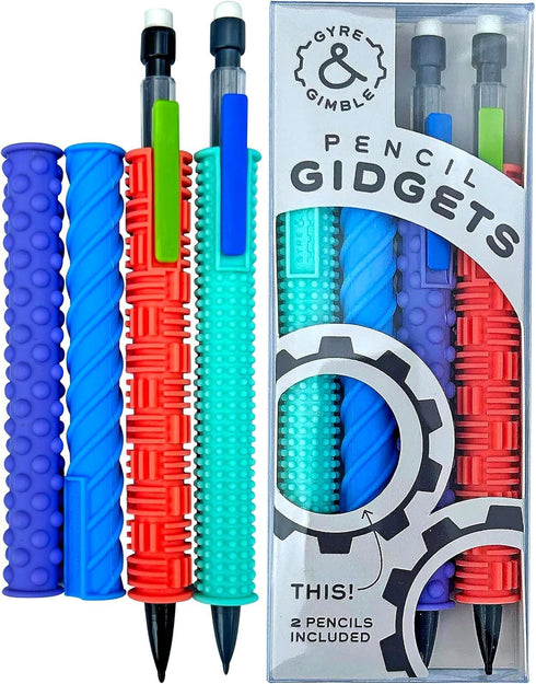 Pencil Gidgets Textured Silicone Pencil Sleeve for Fidgeting, 4 Sleeves & 2 Pencils for Focus and Tranquility