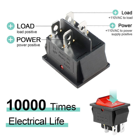QTEATAK 2Pcs DPST 4 Pins 20A/125V 15A/250V Boat Rocker Toggle Switch with Red LED Light, 2 Position ON/OFF