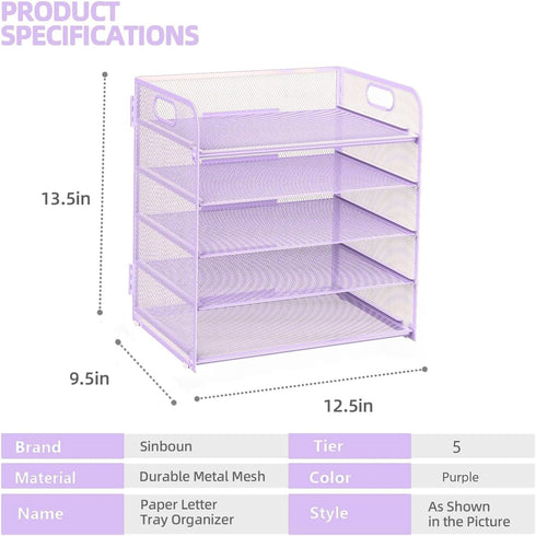 Letter Tray Paper Organizer, 5-Tier Desk Organizer File Holder with Handle, Metal Desktop Document Shelf