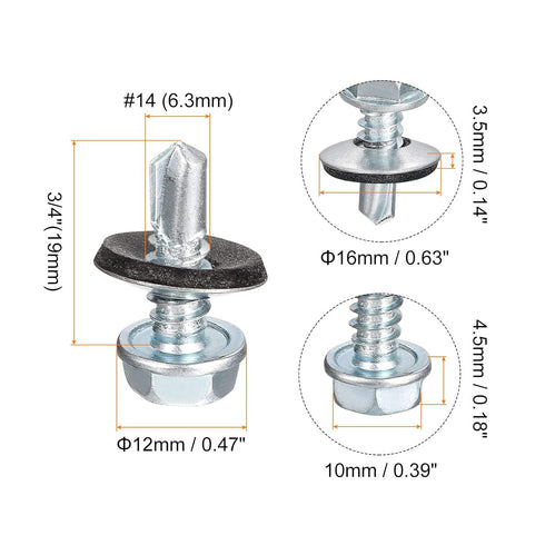 uxcell #14 x 3/4" Self Drilling Screws - 100pcs Zinc Plated Steel Roofing Screws with Rubber Washer