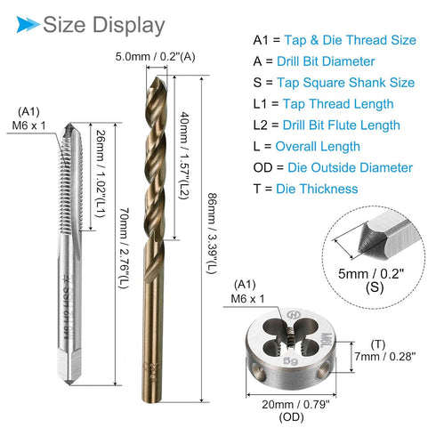 Metric Tap and Die and Drill Bit Set, M6 x 1 Tap & Die Thread 5.0mm Drill Diameter, Left Hand Machine Screw Tap Tool Kit - (Applications: for Threading Tapping Repair)