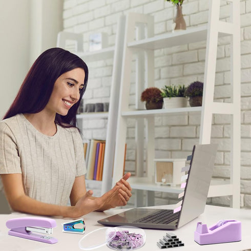 Purple Office Supplies Set, UPIHO Stapler and Tape Dispenser Kit, Office Desk Accessories with Stapler, Tape, Remover,