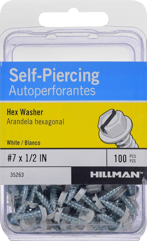 HILLMAN 35263 White Painted Hex Washer-Head Self-Piercing Screws (#7 x 1/2") - 100 Pieces