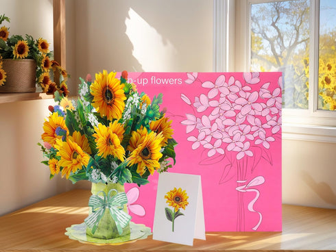 Sharonlily 3D Sunflower Bouquet Greeting Card, Forever flower Pop Up Bouquet Card with Blank Note & Envelope, Handmade