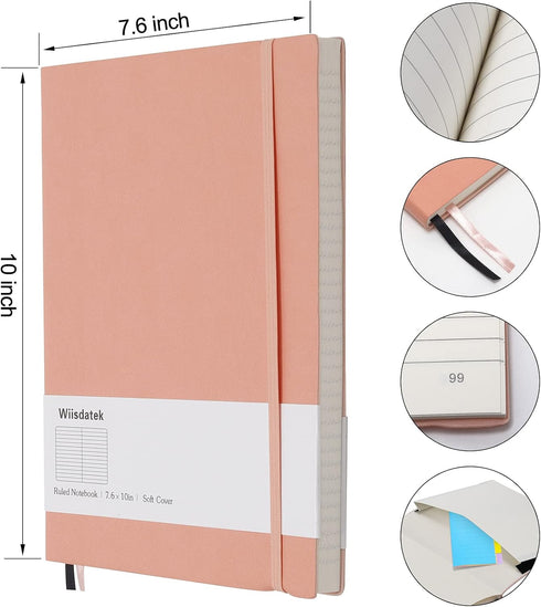 B5 College Ruled Notebooks, 2 Pack, 376 Numbered Pages, 100gsm Thick Lined Paper, Soft PU Leather Cover, 7.6 x 10 inch,