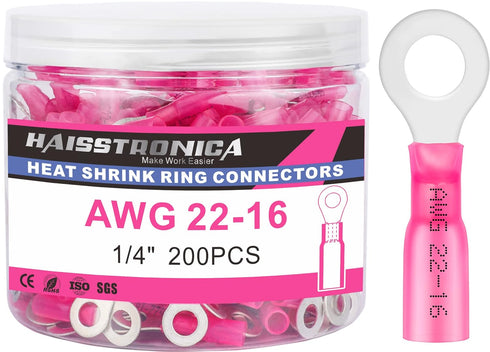 haisstronica 200PCS Heat Shrink Ring Terminals - 1/4" Marine Grade Wire Connectors, Red AWG 22-16