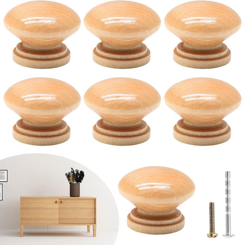 15PCS Round Wood Drawer Knobs, 1-3/8 inch Diameter Mushroom Knobs with Mounting Screws for Furniture - Wood Grain